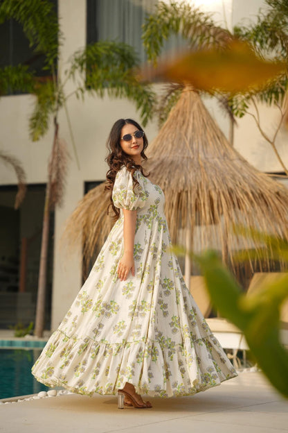 Women’s Beautiful Printed western wear Gown[CREAM]