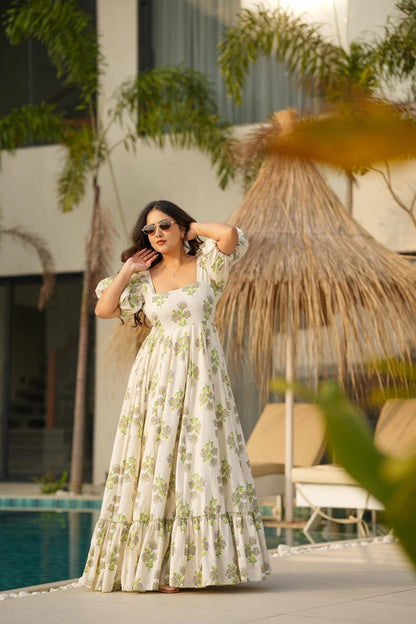 Women’s Beautiful Printed western wear Gown[CREAM]