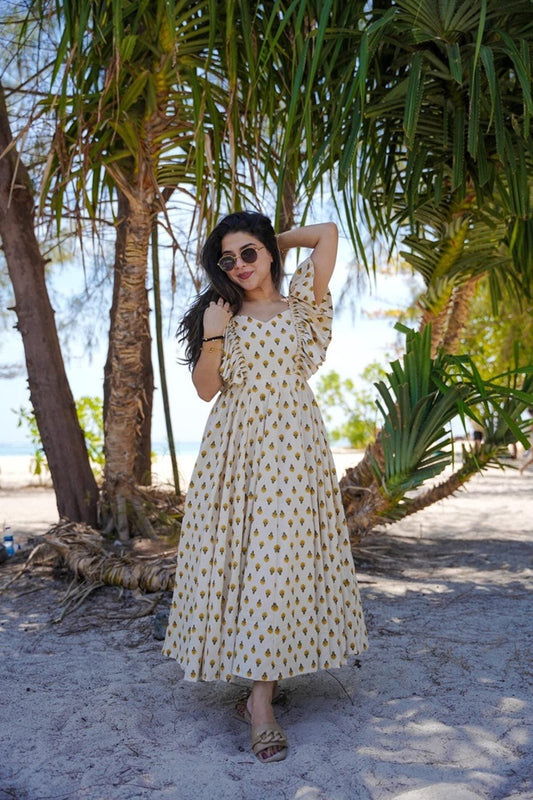 Women’s Beautiful Printed western wear Gown[OFF WHITE CREAM]