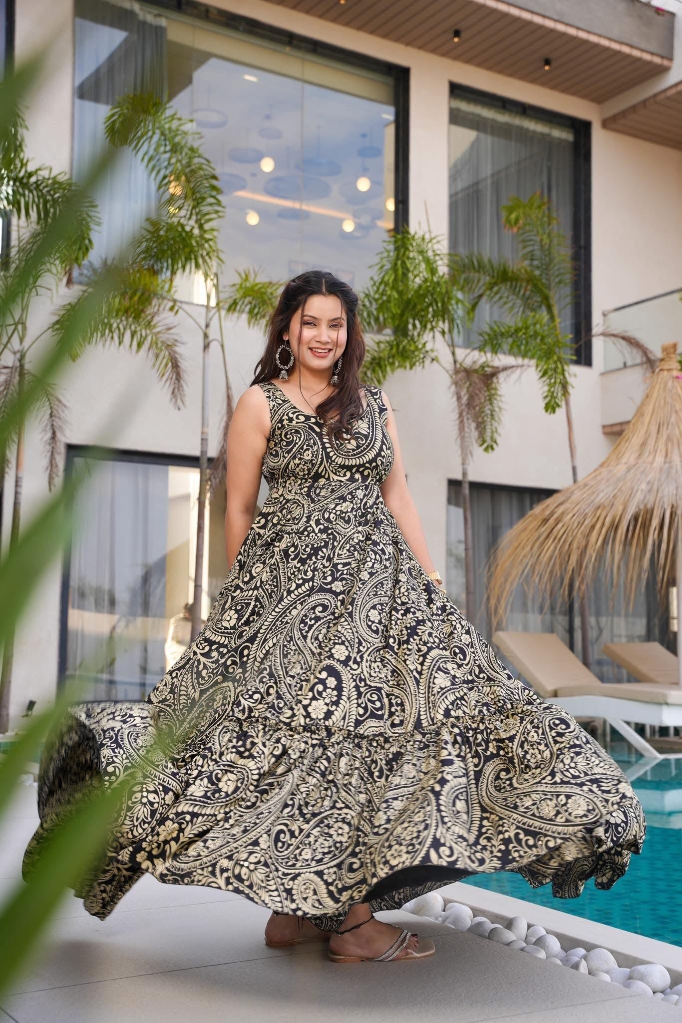 Women’s Beautiful Printed western wear Gown [BLACK]