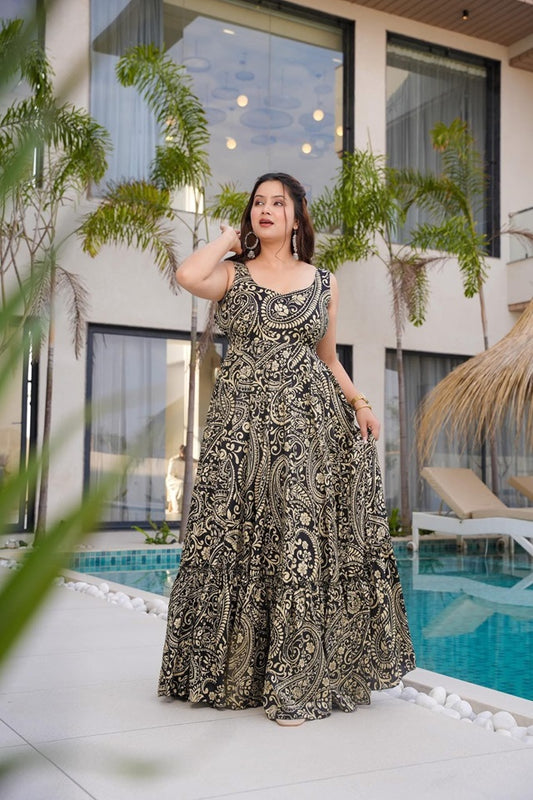 Women’s Beautiful Printed western wear Gown [BLACK]