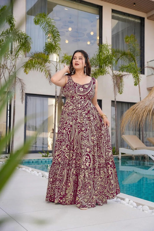 Women’s Beautiful Printed western wear Gown [MARUM-DARK RED]