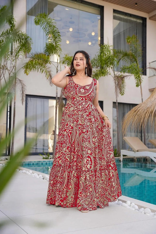 Women’s Beautiful Printed western wear Gown [RED]