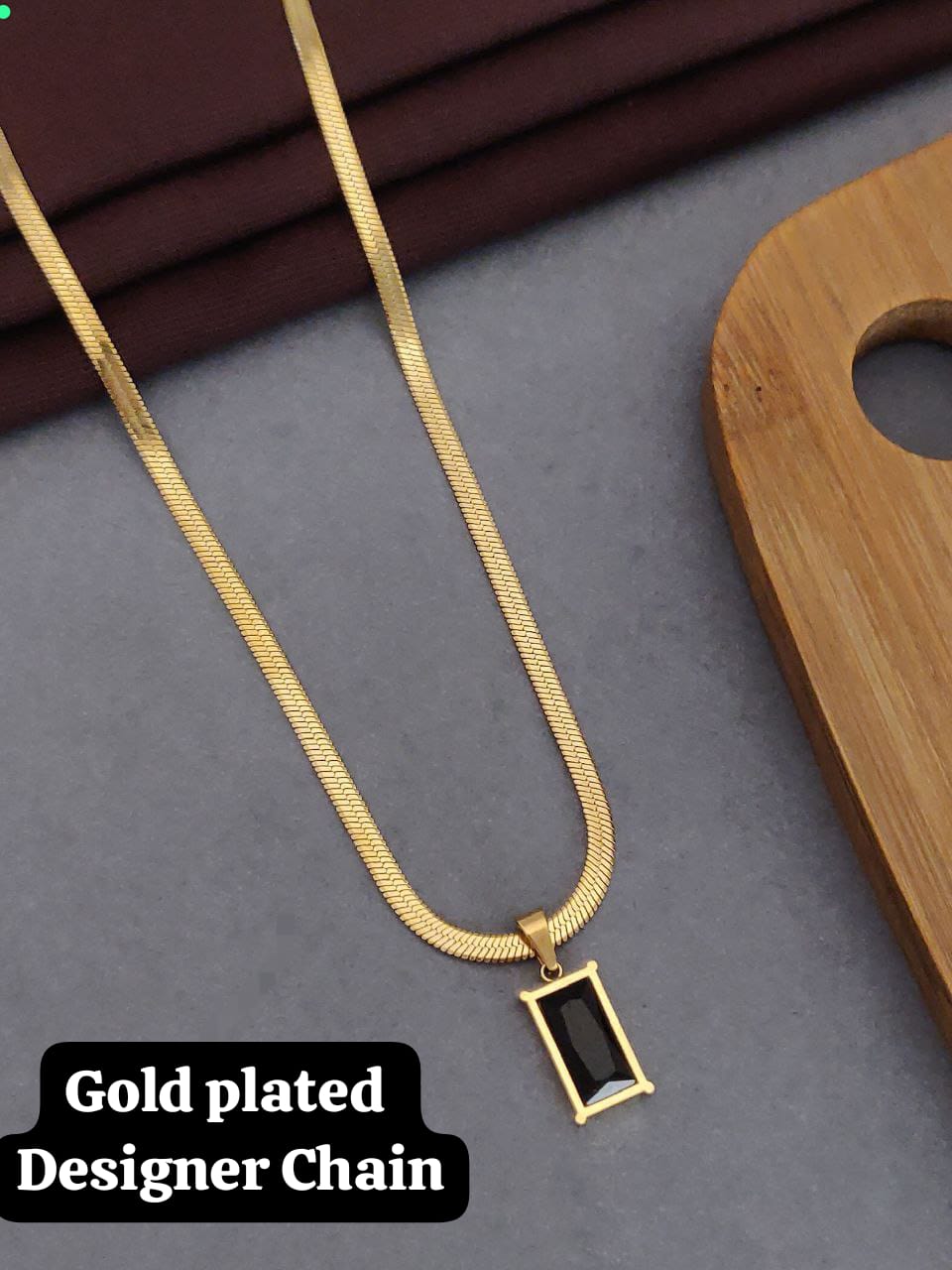 Emerald Studded Anti-Tarnish Gold Plated Stainless Steel Flat Snake Chain